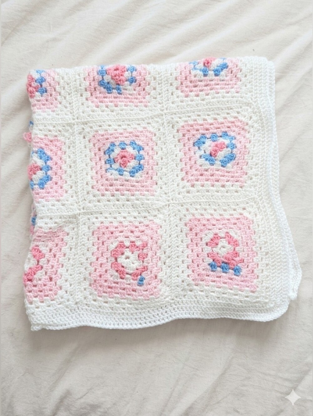 NEW Handmade White and Pink Granny-square Crochet Baby Blanket with Blue Accents